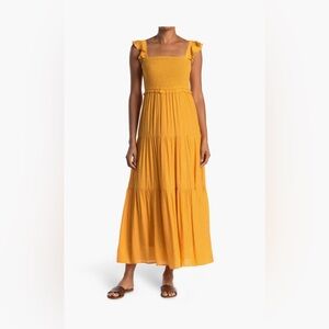 NANETTE LEPORE Mustard Yellow Square Neck Ruffle Strap Smocked Tiered Maxi Dress